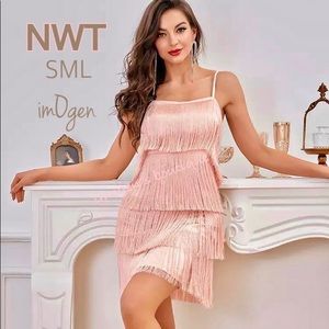 NWT blush pink tassel dress silky fringe deep V gatsby salsa light pink S M L